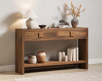 Farmhouse Console Table with Drawers, Rustic Entryway Wood Grain U-Legs