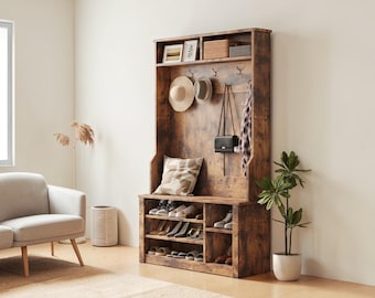 3-in-1 Entryway Hall Tree, Coat Rack, Bench, Shoe Storage, MDF Organization