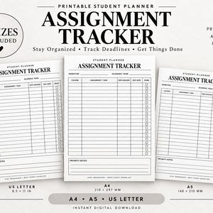 Peut inclure: Un planificateur d'étudiant imprimable pour le suivi des devoirs, disponible en trois formats : US Letter 8,5 x 11 pouces, A4 210 x 297 mm et A5 148 x 210 mm. La mise en page noir et blanc inclut des colonnes pour le cours, la tâche et les dates.
