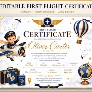 May include: An editable first flight certificate featuring a cartoon pilot in a small airplane, a hot air balloon, and a globe. The document includes text fields for a name, flight details, and airline information, decorated with gold wings and stars.