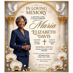 May include: A memorial service announcement featuring a portrait of a woman in a navy blue suit, framed by gold columns and white orchids. Text includes IN LOVING MEMORY, Maria Elizabeth Davis, dates, and service details at Central Chapel Funeral Home.