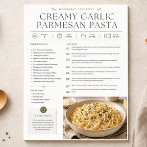 May include: A printed recipe card titled Creamy Garlic Parmesan Pasta from the Weeknight Favorites collection. The card includes a list of ingredients, step-by-step cooking instructions, a chef's note, and a photograph of the finished pasta dish.