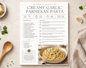 Recipe Template | Canva Editable Printable | Family Cookbook Binder | Minimalist Modern Sheet with Food Photo
