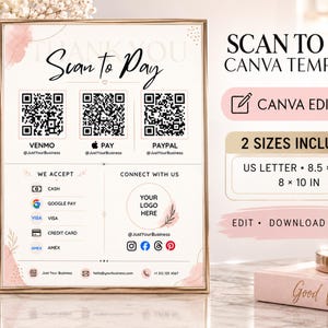 Könnte beinhalten: Ein rechteckiges Schild mit weißem Hintergrund und rosa Akzenten mit dem Text Scan To Pay. Es enthält drei QR-Codes für Venmo, Apple Pay und PayPal, einen Bereich für Zahlungsmethoden, Social-Media-Symbole und Kontaktinformationen.