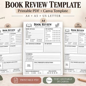 Puede incluir: Una plantilla digital de reseña de libros disponible como PDF imprimible y archivo de Canva en tamaños A4, A5 y US Letter. El diseño incluye secciones para detalles del libro, calificaciones, un resumen, favoritos y reflexiones finales.