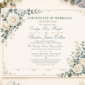 May include: A cream-colored Certificate of Marriage document featuring elegant black serif and script typography. The border is decorated with watercolor illustrations of white roses, blue forget-me-nots, and green eucalyptus leaves in opposite corners.