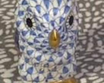 Herend Miniature Owl 5102 Blue Fishnet Figurine, Hand Painted Hungary Porcelain Bird with Gold Accents