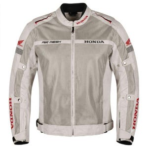 Könnte beinhalten: Eine hellgraue und weiße Motorradjacke mit Mesh-Einsätzen an Brust und Armen. Die Jacke verfügt über einen durchgehenden Frontreißverschluss, einen Stehkragen sowie rote Honda-Schriftzüge auf Brust, Schultern und Ärmeln mit Air Mesh Text.