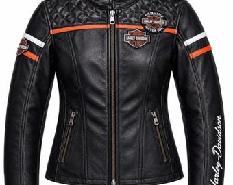 Veste de motard Harley Davidson pour femme en cuir de vachette véritable noir