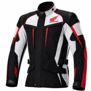 May include: A black, white, and red motorcycle jacket featuring the Honda logo on the upper left chest. The jacket has a high collar, long sleeves with red accents, vertical zippered vents on the front, and adjustable side straps at the waist.