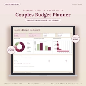 Può includere: Un pianificatore di budget digitale per coppie per Microsoft Excel e Google Sheets visualizzato su uno schermo di un portatile. La dashboard include un grafico a torta, grafici a barre e tabelle finanziarie con testo come One Fair Plan For Two.