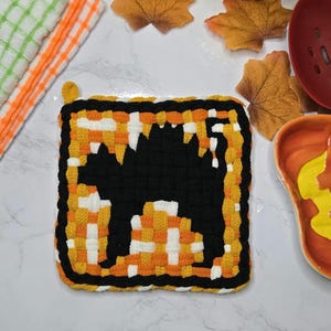 Candy Corn Cat Potholder | Handmade Cotton Loop Loom Hot Pad | Halloween Kitchen Decor | Fall Hostess Gift.