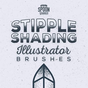 Może przedstawiać: Cyfrowy zasób do projektowania graficznego z tekstem "BLOG SPOON GRAPHICS" na górze, po którym następują słowa "STIPPLE SHADING" pogrubioną czcionką, "Illustrator" kursywą i "BRUSHES" czcionką bezszeryfową, wszystko z kropkowaną teksturą.
