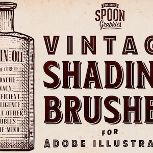 Może przedstawiać: Graficzna ilustracja przedstawiająca butelkę w stylu vintage z tekstem BRAIN OIL FOR THE CURE OF HEADACHE, LUNACY, INSUFFICIENT INTELLIGENCE AND ALL OTHER TROUBLES OF THE MIND. Widoczny jest tekst VINTAGE SHADING BRUSHES FOR ADOBE ILLUSTRATOR.