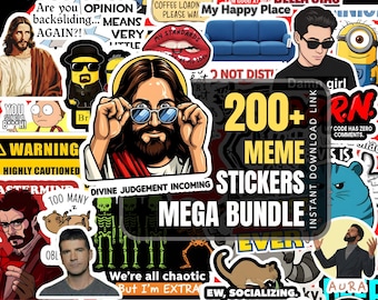 May include: A collection of assorted meme stickers featuring various illustrations and text including Jesus, Minions, pop culture figures, and humorous phrases like Adulting, Bella Ciao, and Divine Judgement Incoming, presented as a digital bundle.