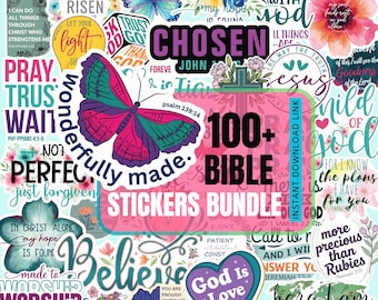 May include: A digital sticker bundle featuring numerous religious-themed designs, including butterflies, flowers, and hearts. Text elements include phrases like Chosen, God Is Love, and Bible verses. A central pink box displays 100+ BIBLE STICKERS BUNDLE.