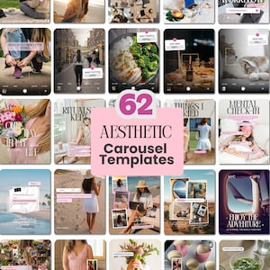 May include: A digital collection of 62 aesthetic carousel templates featuring various lifestyle photography scenes, including outdoor settings, food, travel, and interior shots, all overlaid with text boxes and graphic design elements for social media.