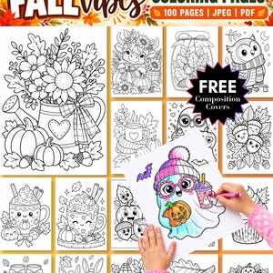 May include: A digital collection of 100 fall-themed coloring pages in JPEG and PDF formats. The pages feature black and white line art illustrations of sunflowers, pumpkins, owls, ghosts, and mugs. One page shows a colored ghost with a pumpkin.