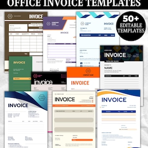 May include: A collection of office invoice templates featuring various color schemes including brown, orange, blue, and black. Each document includes fields for company name, invoice number, date, item descriptions, quantities, prices, and totals.
