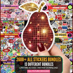 May include: A pear-shaped sticker with a gold disco ball pattern featuring a reflective grid design and a single leaf. The background displays a collage of various sticker designs with text including 2600+ ALL STICKERS BUNDLES, 13 DIFFERENT BUNDLES, LIFETIME ACCESS, INSTANT DOWNLOAD, and ALL FUTURE DESIGNS.