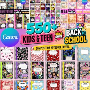 May include: A digital collection of 550+ editable Canva composition notebook covers for kids and teens, featuring diverse patterns like leopard print, floral, and cartoon themes with text labels like Back to School and Mega Offer.