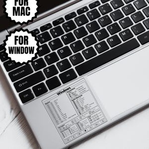 以下が含まれることがあります： ノートパソコンのパームレストに貼られた、Windowsのキーボードショートカットガイドが記載された長方形のステッカー。ステッカーにはBasics、Screenshots、Useful Shortcuts、File Explorerのセクションが含まれています。星型のバッジにはFOR MACとFOR WINDOWと書かれています。