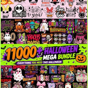 May include: A digital collection of Halloween-themed graphic designs featuring pumpkins, ghosts, skulls, witches, and iconic horror characters. The text 11000+ HALLOWEEN MEGA BUNDLE is prominently displayed in the centre, surrounded by colourful illustrations.