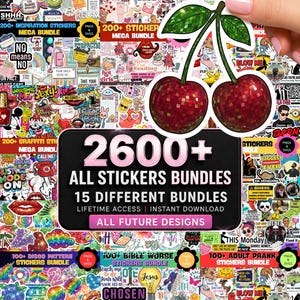 Puede incluir: Una colección de pegatinas digitales con un gráfico de cerezas con textura de bola de discoteca, superpuesto sobre un collage de varios diseños. El texto central dice 2600+ ALL STICKERS BUNDLES, 15 DIFFERENT BUNDLES, LIFETIME ACCESS, INSTANT DOWNLOAD, ALL FUTURE DESIGNS.