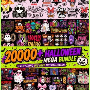 May include: A digital Halloween mega bundle featuring over 20,000 graphic designs. The collection includes various illustrations of ghosts, pumpkins, skulls, witches, and horror characters, along with text like Boo, Hocus Pocus, and Halloween.