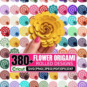 Puede incluir: Una colección de más de 380 diseños de flores de origami enrolladas en varios colores y formas, con formatos de archivo SVG, PNG, JPEG, PDF, EPS y DXF. Una flor de papel amarilla se sostiene en el centro, con el texto 380+ FLOWER ORIGAMI ROLLED DESIGNS.