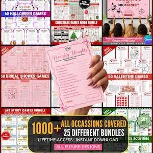 Può includere: Una collezione digitale di giochi per feste stampabili con vari temi, tra cui Halloween, Natale, addii al nubilato e San Valentino. La carta centrale è rosa con il testo Naughty Thoughts e un elenco di domande numerate.