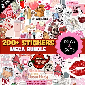 May include: A digital collection of over 200 stickers featuring diverse illustrations including skeletons reading books, red lips, chili peppers, coffee cups, anatomical hearts, and various text-based designs like Spicy Book Lover and Shhh I am Reading.