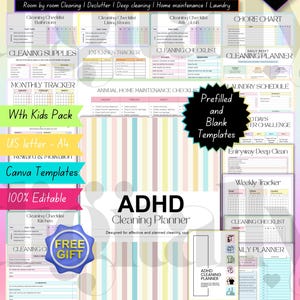 May include: A digital ADHD cleaning planner with over 250 pages of templates. Includes checklists for bathrooms, living rooms, and kitchens, plus chore charts, expense trackers, and maintenance logs. Features pastel striped backgrounds and text labels.