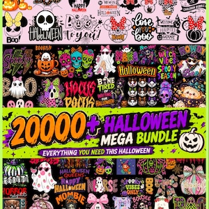 May include: A digital collection of Halloween-themed graphics featuring ghosts, pumpkins, skulls, and Disney-inspired icons. The text reads 20000+ HALLOWEEN MEGA BUNDLE, EVERYTHING YOU NEED THIS HALLOWEEN, and DIGITALLY MADE YOURS, with various spooky phrases.