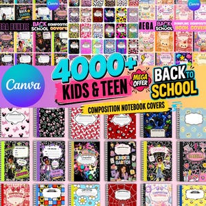 Editable Composition Notebook Cover Templates, Back to School Mega Bundle, Canva Notebook Covers, Printable School Binder Covers