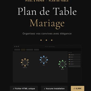 Peut inclure: Une interface numérique de plan de table de mariage sur fond noir avec le texte Pixel & Paper, Plan de Table, Plan de Table Mariage et Organisez vos convives avec élégance. Elle affiche trois dispositions de tables circulaires avec des points.