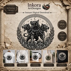 May include: A digital design featuring a three-headed dog, Cerberus, enclosed in a circular Greek key border with laurel leaves. The graphic includes text Inkora ArtDesigns, Mythology Series, Instant Digital Download, SVG, and 300 DPI PNG.