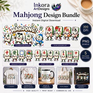 May include: A digital Mahjong design bundle featuring cartoon Mahjong tiles with arms and legs. Includes a celebration design, four seasons set, dragon tiles, wind tiles, and classic tiles. Shown on t-shirts, hoodies, mugs, tote bags, and stickers.