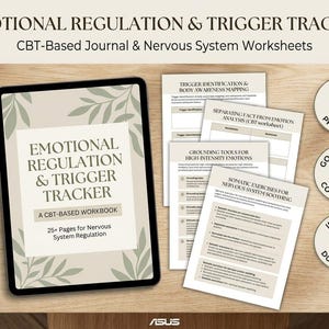 Könnte beinhalten: Ein digitales Tablet mit einem Emotional Regulation & Trigger Tracker Arbeitsbuch mit Blattmuster, neben ausgedruckten Arbeitsblättern zur Trigger-Identifizierung, Emotionsanalyse, Erdungswerkzeugen und somatischen Übungen zur Beruhigung des Nervensystems.