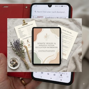 May include: A digital tablet displaying a Somatic Healing & Nervous System Regulation Workbook cover with abstract shapes, alongside printed pages titled Daily Check-in & Body Scan and Somatic Exercises, a gold pen, dried lavender, and a small bowl of stones.