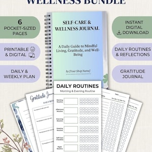 Könnte beinhalten: Ein Self-Care & Wellness Bundle mit einem spiralgebundenen Journal mit blauem Farbverlauf, betitelt Self-Care & Wellness Journal, A Daily Guide to Mindful Living, Gratitude, and Well-Being. Enthält 6 druckbare Seiten im Taschenformat.