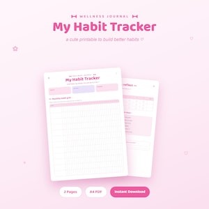 Peut inclure: Un journal de bien-être numérique imprimable pour le suivi des habitudes dans des tons rose pâle. Les pages portent le texte My Habit Tracker, Monthly habit grid et reflect. La mise en page inclut des sections pour les objectifs et les grilles.