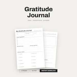 Peut inclure: Un modèle de journal de gratitude imprimable composé de deux pages blanches avec du texte noir. La mise en page comprend des sections pour la date, l'humeur, les listes de gratitude et des cases à cocher. Le texte indique Gratitude Journal.