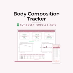 Peut inclure: Un outil numérique de suivi de la composition corporelle pour Google Sheets avec un tableau de bord affichant des mesures de poids en lbs, des calories et des graphiques de progression, incluant un résumé hebdomadaire et une vue mobile.