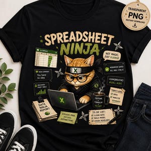 Spreadsheet Ninja PNG, Funny Excel Cat Clipart, Office Humor Digital Download, Data Analyst Gift, Transparent PNG