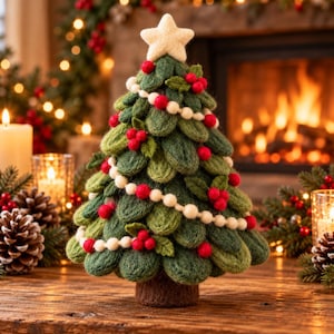 May include: A felted wool Christmas tree decoration featuring layered dark green leaves, a cream-colored star topper, and a garland of small white felt balls. The tree is accented with clusters of bright red felt berries throughout the foliage.