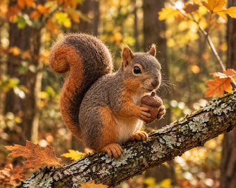 Needle Felted Fox Squirrel with Acorn, Handmade Wool Animal Figurine, Woodland Forest Decor, Cute Squirrel Lover Gift, Fall Nature Table