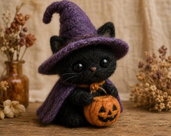 Needle Felted Black Cat, Halloween Witch Cat Figurine, Spooky Cute Decor