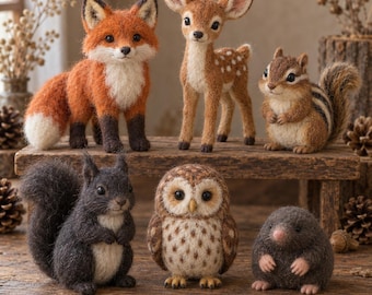 Needle Felted Woodland Animals Set, Miniature Wool Fox, Deer, Chipmunk, Black Squirrel, Owl, and Mole, Rustic Forest Animal Figurines