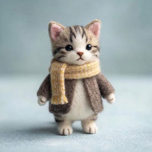 以下が含まれることがあります： 茶色と白の縞模様の毛並みを持つニードルフェルトの子猫のフィギュア。質感のある茶色のジャケットと、黄色と白のストライプ柄のマフラーを着用している。暗い色の目、小さなピンクの鼻、尖った耳をしており、直立した姿勢で立っている。